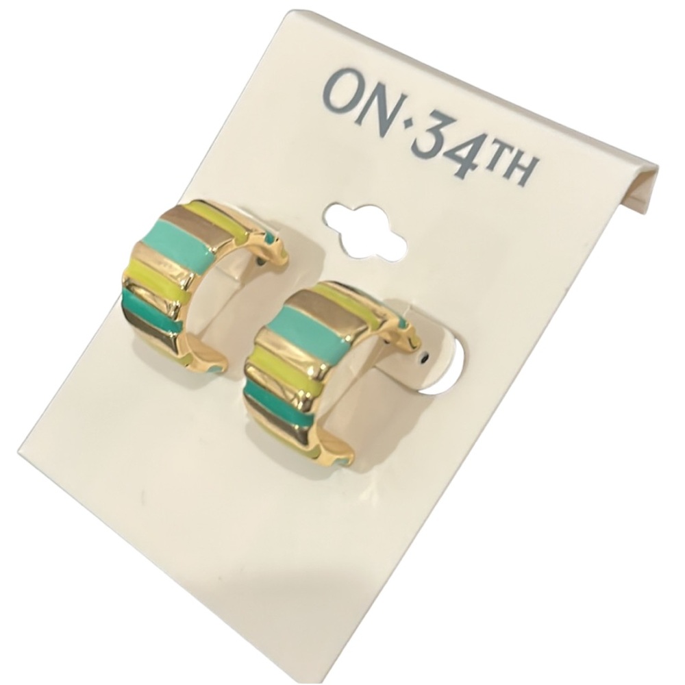 New On 34th Gold-tone & Multi Green Half Hoop Earrings NWT